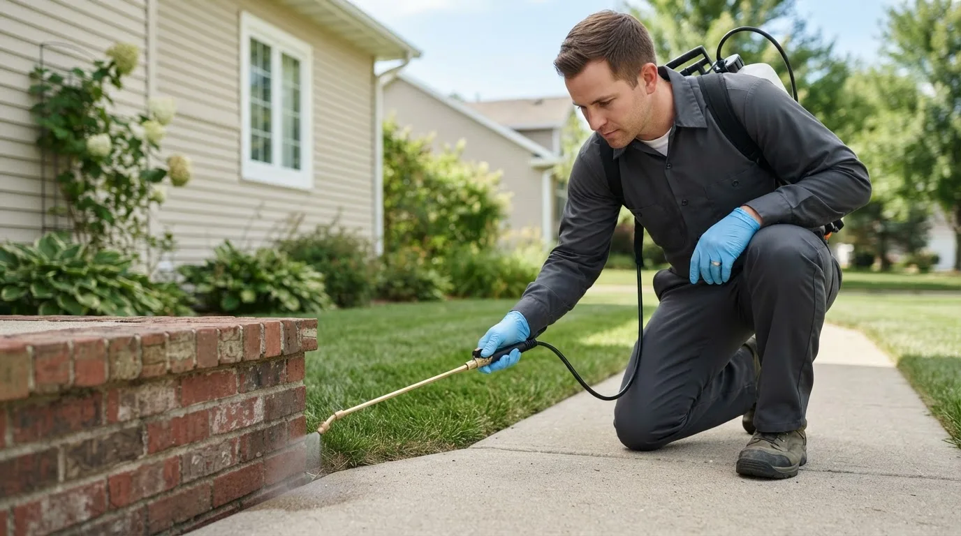 Pest control technician treating a home near Burr Oak, KS
