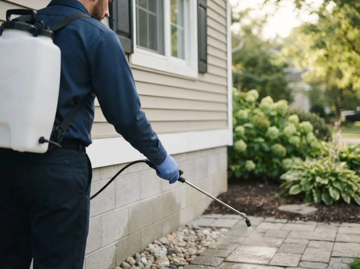 Pest control technician inspecting a home in Burr Oak, KS